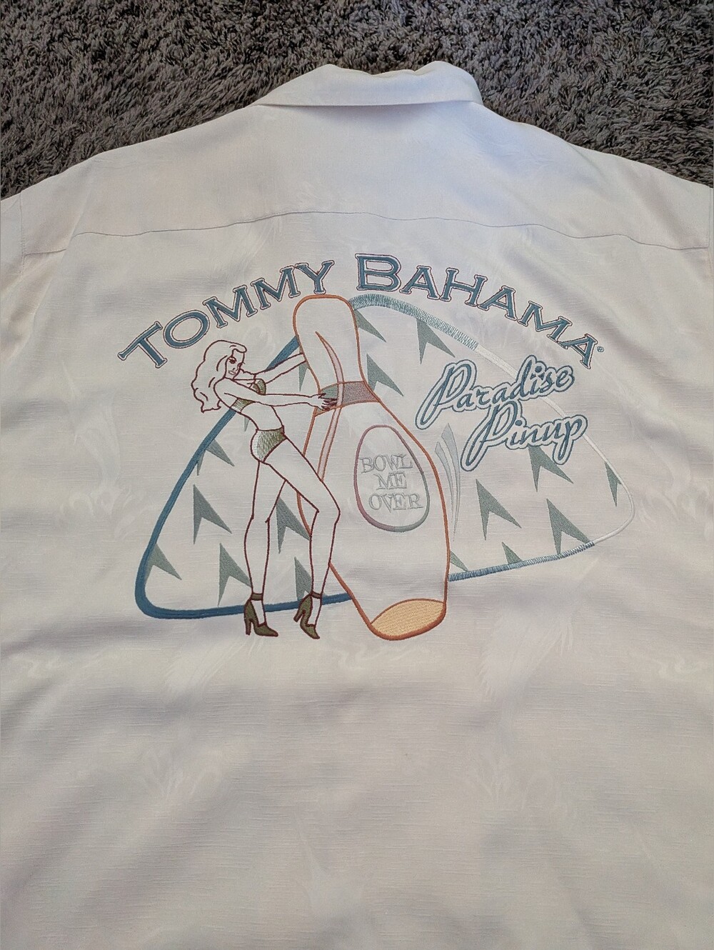 Tommy Bahama Paradise Pinup Girl Bowl Me Over Ivory Silk SS Button Shirt Men's L